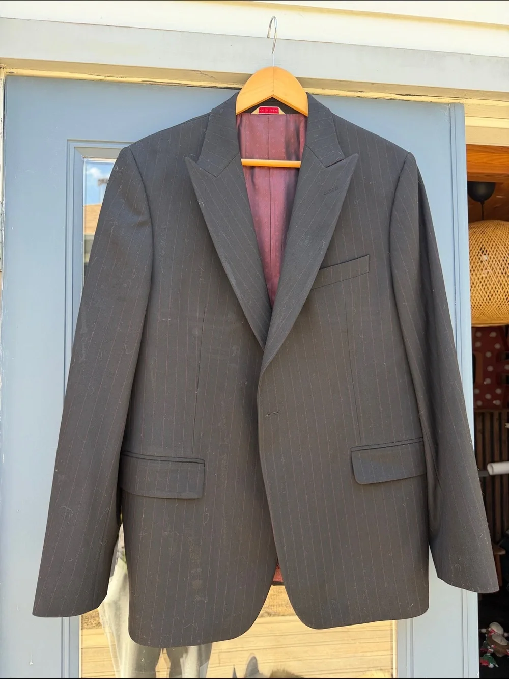 Banana Republic Charcoal Pinstripe Suit Jacket with Burgundy Lining